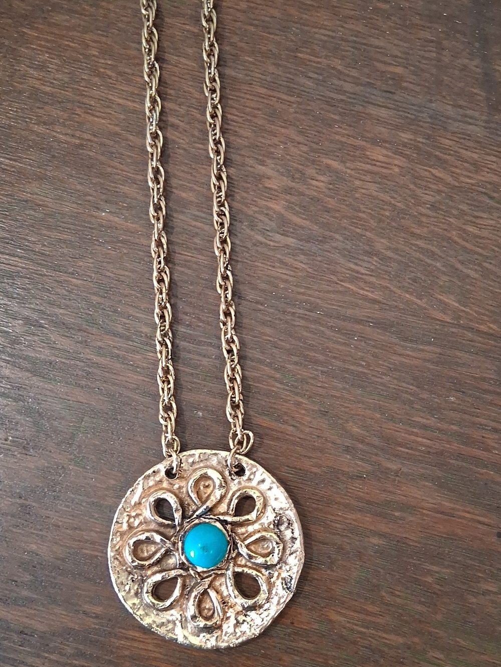 Gold-Tone Medallion Necklace with Turquoise Center